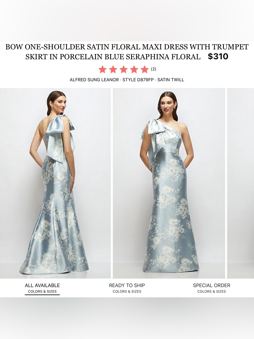 Dessy Collection Porcelain Blue One-Shoulder Satin Floral Maxi Dress